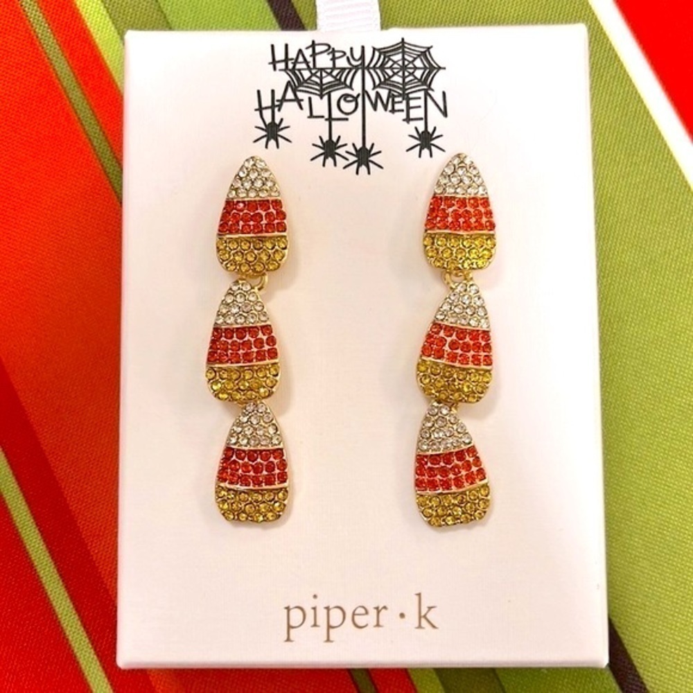 Brand New Piper K Candy Corn Halloween Sparkly Drop Earrings Festive Party